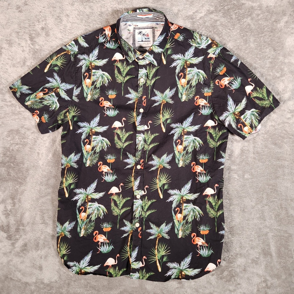 Cactus Man Button Down Shirt Mens Medium Black Excellent Flamingo Palm Tropical